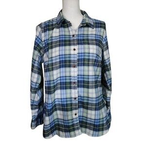 LL Bean Flannel Shirt Blue White Green Plaid Womens Medium Reg.